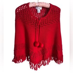 Vintage Kobe Girl Knit Red Poncho with PomPoms Size 14